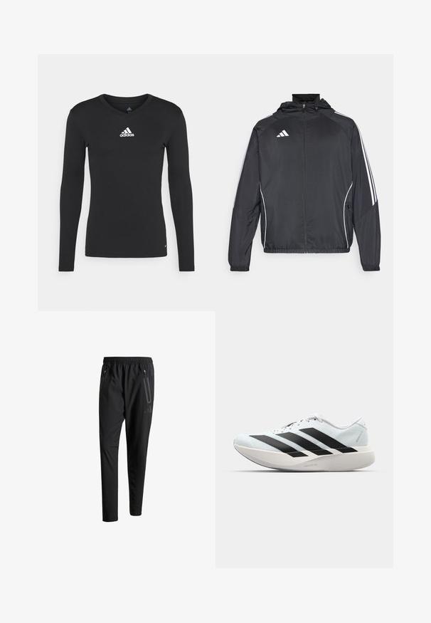 Schwarze Sportjacke mit Kapuze, ausgestattet mit weißen Streifen an den Ärmeln und einem Reißverschluss vorne. Hergestellt aus einem glatten, leichten Stoff.; Schwarzes langärmliges Sportshirt aus glattem Stoff, mit V-Ausschnitt und einem weißen adidas-Logo auf der Brust.; Schwarze Sporthose mit elastischem Bund, zwei Reißverschlusstaschen an den Seiten, schmal zulaufenden Beinen und einem dezenten Logo-Detail an der Hüfte.; Leichte Laufschuhe in hellblau mit schwarzen Streifen. Sie verfügen über ein glattes Obermaterial, eine runde Zehenpartie und eine dicke weiße Zwischensohle, die mit "LIGHTSTRIKE PRO" beschriftet ist.