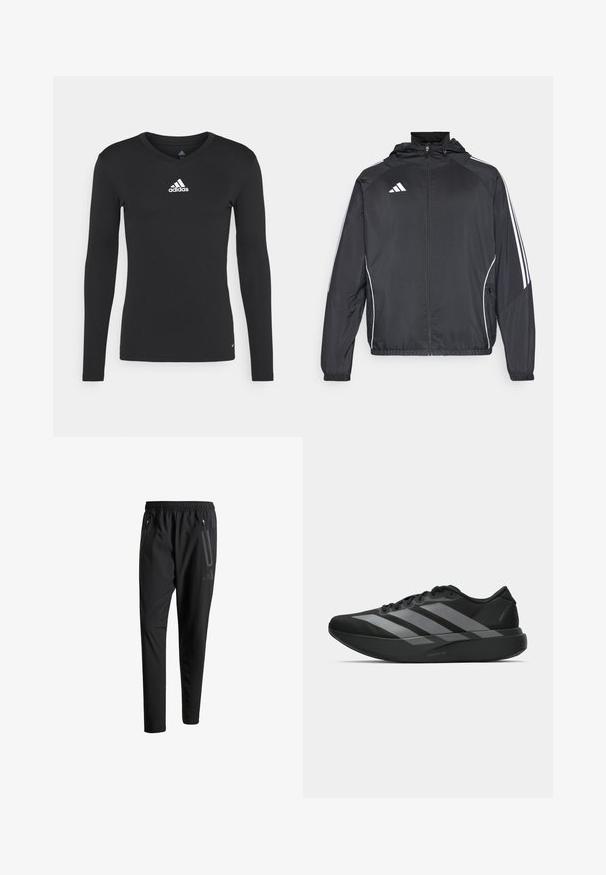 Schwarze Sportjacke mit Kapuze, ausgestattet mit weißen Streifen an den Ärmeln und einem Reißverschluss vorne. Hergestellt aus einem glatten, leichten Stoff.; Schwarzes langärmliges Sportshirt aus glattem Stoff, mit V-Ausschnitt und einem weißen adidas-Logo auf der Brust.; Schwarze Sporthose mit elastischem Bund, zwei Reißverschlusstaschen an den Seiten, schmal zulaufenden Beinen und einem dezenten Logo-Detail an der Hüfte.; Schwarze Sportschuhe mit einem leichten Design, ausgestattet mit drei auffälligen grauen Streifen, einer glatten Textur und einer konturierten Sohle.