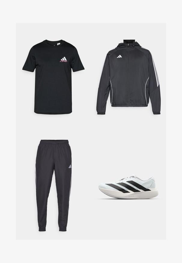 Crna atletska jakna s kapuljačom, s bijelim prugama duž rukava i zatvaranjem na zip. Izrađena od glatkog, laganog materijala.; Crna pamučna majica s kratkim rukavima, s bijelim adidas logotipom i ružičastim natpisom na lijevoj strani prsa. Glatka tekstura, jednostavan dizajn.; Crne sportske hlače s elastičnom gumicom u struku, s bijelim prugama uz bokove i malim logotipom na kuku. Glatka tekstura.; Lagane tenisice za trčanje u svijetloplavoj boji s crnim trakama. Imaju glatku gornju površinu, okrugli vrh i debeli bijeli srednji sloj označen "LIGHTSTRIKE PRO."