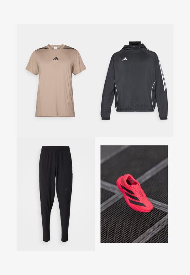 Fekete sportos dzseki kapucnival, fehér csíkokkal az ujjak mentén és cipzáras elülső résszel. Simább, könnyű anyagból készült.; Barna sportpóló sima anyagból, fekete részletekkel a vállakon és a mellkas közepén elhelyezett fekete Adidas logóval.; Fekete sportnadrág elasztikus derékpánttal, keskenyített fazonnal, oldalsó zsebekkel és diszkrét logóval. Rugalmas, légáteresztő anyagból készült.; Fényes rózsaszín futócipő fekete csíkokkal, könnyű hálós anyagból készült, texturált talppal és fűzős kivitelben.