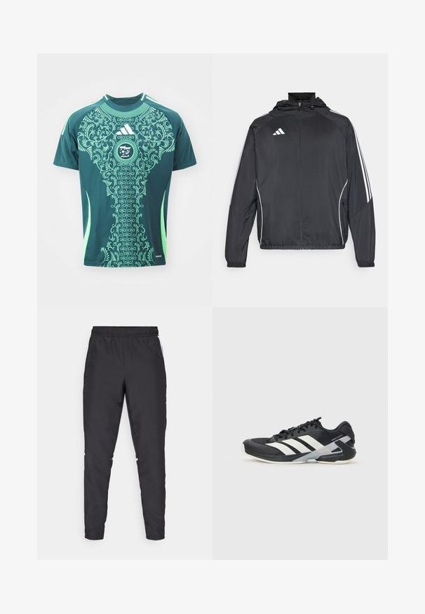 Crna atletska jakna s kapuljačom, s bijelim prugama duž rukava i zatvaranjem na zip. Izrađena od glatkog, laganog materijala.; adidas Performance ALGERIA FAF AWAY JERSEY - Nogometni dres - mineral green; Crne atletske hlače s elastičnim strukom, sužavajućim nogavicama i bijelim bočnim naglascima. Izrađene od sintetičkog materijala s glatkom teksturom.; Crne atletske cipele s bijelim prugama, mrežasta gornja strana, zaobljeni prst i podstavljeni đon. Imaju teksturiranu petu i siguran sustav vezivanja.