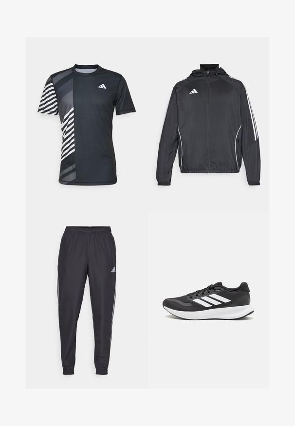 Chaqueta atlética negra con capucha, con rayas blancas a lo largo de las mangas y un cierre frontal con cremallera. Hecha de un tejido suave y ligero.; adidas Performance HEAT.RDY FREELIFT - Camiseta estampada - black; Pantalones deportivos negros con cinturilla elástica, que presentan franjas blancas a lo largo de los lados y un pequeño logo en la cadera. Textura suave.; Zapatilla deportiva negra con parte superior de malla transpirable, acentos en blanco y una suela acolchada. Presenta el logo de tres rayas en el costado.
