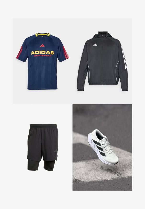 Svart sportsjakke med hette, med hvite striper langs ermene og glidelås foran. Laget av et glatt, lett stoff.; Marineblå Adidas sportstøy t-skjorte med gul nakke, røde striper på ermene, og fet gul og rød "ADIDAS SPORTSWEAR" tekst.; Svarte sportshorts med integrert indre lag, laget av pustende stoff. Har subtilt logo og strukturert tekstur. Justerbar midje.; Hvit sportsko med teksturert mesh-overdel, svarte striper, snøring og en polstret såle, svevende over en markert veidoverflate.