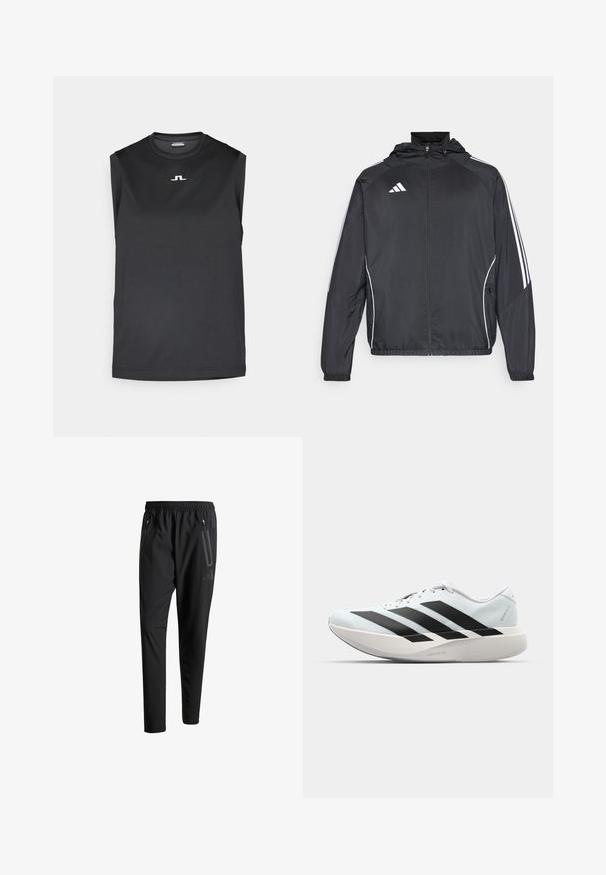 Fekete sportos dzseki kapucnival, fehér csíkokkal az ujjak mentén és cipzáras elülső résszel. Simább, könnyű anyagból készült.; Ujjatlan fekete sportfelső sima anyagból. Kerek nyakkivágással rendelkezik, és egy kis fehér logó található a mellrészen.; Fekete sportos nadrág elasztikus derékpánttal, két cipzáras oldalt zsebbel, tapered lábakkal és diszkrét logóval a csípőn.; Világoskék, fekete csíkos könnyű futószerek. Simább felső résszel, kerek orral és vastag fehér középtalppal, amelyen a "LIGHTSTRIKE PRO" felirat olvasható.