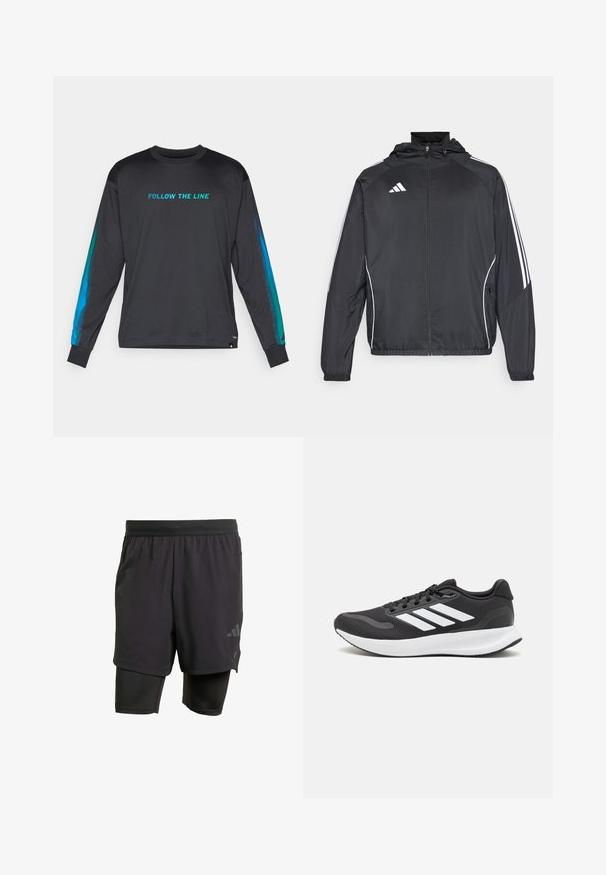 Veste de sport noire avec capuche, présentant des bandes blanches le long des manches et un devant zippé. Fabriquée en tissu léger et lisse.; Chemise noire à manches longues avec "SUIVEZ LA LIGNE" en turquoise. Présente des accents dégradés bleus sur les manches et un design à col rond.; Shorts de sport noirs avec une couche intérieure intégrée, fabriqués en tissu respirant. Présentent un logo discret et une texture structurée. Ceinture ajustable.; Baskets de sport noires avec tige en mesh respirant, accents blancs et semelle rembourrée. Présente le logo à trois bandes sur le côté.