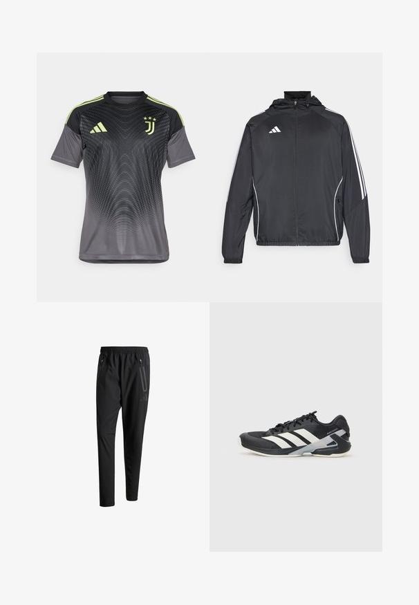 Black athletic jacket with a hood, featuring white stripes along the sleeves and a zippered front. Made from a smooth, lightweight fabric.; Gray athletic jersey with a gradient design, featuring black sleeves, three green stripes on the shoulders, and a Juventus logo.; Black athletic pants with an elastic waistband, two zippered side pockets, tapered legs, and a subtle logo detail on the hip.; Black athletic shoe with white stripes, mesh upper, rounded toe, and cushioned sole. Features a textured heel and secure lacing system.