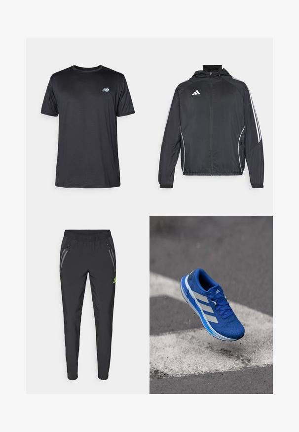 Juodas sportinis džemperis su kapišonu, turintis baltas juosteles palei rankoves ir užtrauktuką priekyje. Pagamintas iš lygaus, lengvo audinio.; New Balance Sportiniai marškinėliai trumpomis rankovėmis - black; adidas Performance REAL MADRID TIRO25 PRO VIS TECH TRAVEL PANT - Sporto klubų atributika - black/lucid lemon; Mėlynas bėgimo batelis su tekstūruotu tinklelio viršumi, baltomis juostelėmis ir mėlynos spalvos gradiento padu, demonstruojantis lengvą dizainą ore.