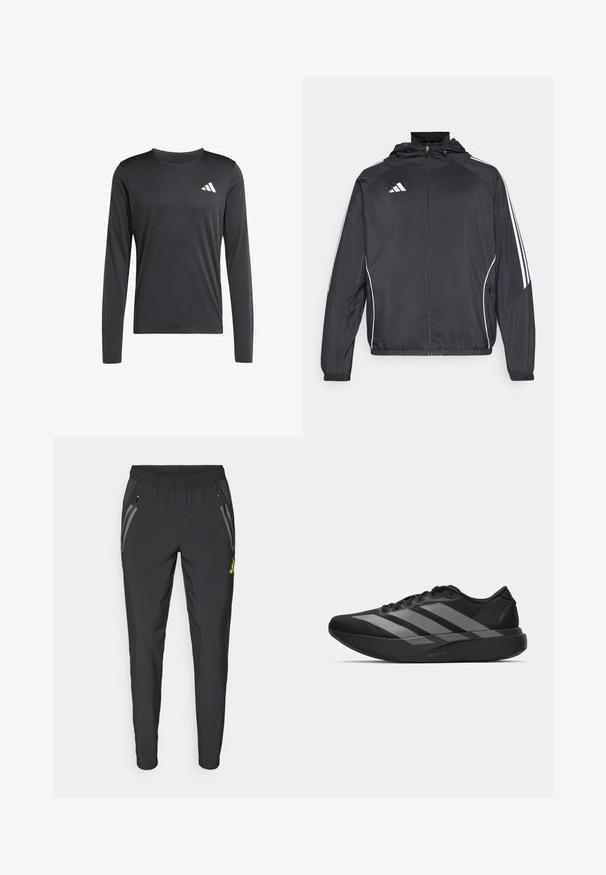 Crna atletska jakna s kapuljačom, s bijelim prugama duž rukava i zatvaranjem na zip. Izrađena od glatkog, laganog materijala.; Crna dugá rukava sportska majica izrađena od glatkog, laganog materijala s malim bijelim logom na gornjem lijevom dijelu. Jednostavan i prilagođen dizajn.; adidas Performance REAL MADRID TIRO25 PRO VIS TECH TRAVEL PANT - Klupska odjeća - black/lucid lemon; Crne atletske tenisice s laganim dizajnom, koje imaju tri istaknute sive pruge, glatku teksturu i oblikovanu pogodnu potplat.