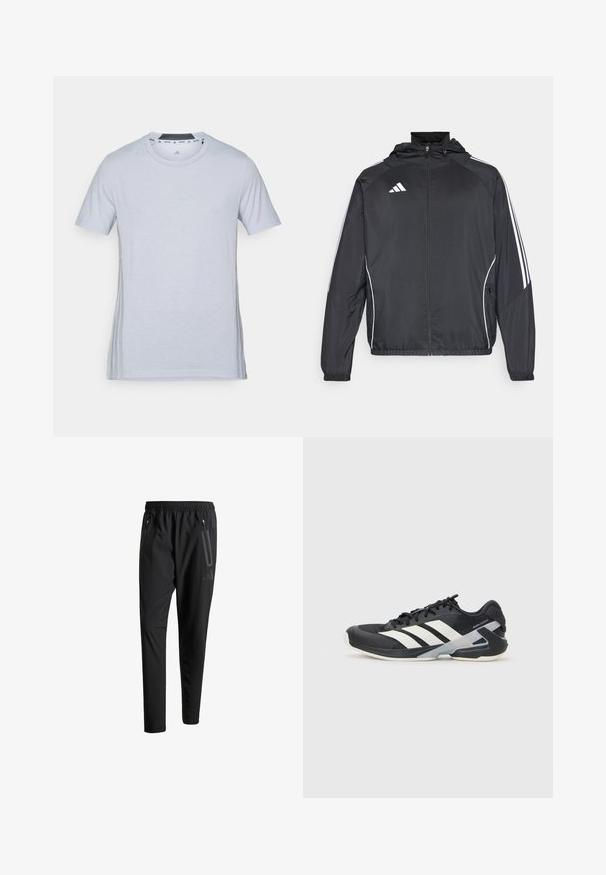 Črna športna jakna s kapuco, z belimi črtami ob rokavih in z zadrgo spredaj. Narejena iz gladkega, lahkega materiala.; Svjetlosivosiva atletska majica s kratkim rukavima, okruglim izrezom i suptilnim logotipom sprijeda. Mekana tkanina, glatka tekstura i bočne akcentne detalje.; Črne športne hlače z elastičnim pasom, dvema žepoma na zadrgo ob strani, zoženimi hlačnicami in diskretnim logotipom na boku.; Črne atletske čevlje z belimi črtami, mrežastim zgornjim delom, zaobljenim nosom in blaženim podplatom. Imajo teksturiran petni del in varen sistem vezalk.