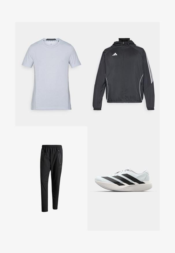 Musta urheilu takki hupulla, jossa on valkoiset raidat hihoissa ja vetoketjuzulu etupuolella. Valmistettu sileästä, kevyestä kankaasta.; Vaaleanharmaa urheilu t-paita, jossa on lyhyet hihat, pyöreä kaula-aukko ja huomaamaton logo edessä. Pehmeä kangas, sileä rakenne ja sivuelämänkorostukset.; Mustat urheiluhousut, joissa on joustava vyötärö, kaksi vetoketjullista sivutaskua, kapenevat lahkeet ja hillitty logokuvaus lonkalla.; Kevyt juoksukengät vaaleansinisinä mustilla raidoilla. Ominaisuuksiin kuuluu sileä pinta, pyöreä kärki ja paksu valkoinen välipohja, joka on merkitty "LIGHTSTRIKE PRO".