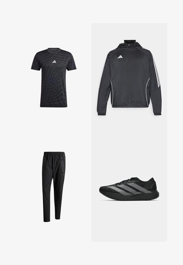 Czarna sportowa kurtka z kapturem, z białymi paskami wzdłuż rękawów i zasuwanym przodem. Wykonana z gładkiego, lekkiego materiału.; adidas Performance - Koszulka sportowa; Czarne spodnie sportowe z elastycznym paskiem w talii, dwiema zasuwanymi kieszeniami bocznymi, zwężanymi nogawkami i subtelnym logo na biodrze.; Czarne buty sportowe o lekkiej konstrukcji, z trzema wyraźnymi szarymi paskami, gładką fakturą i wyprofilowaną podeszwą.