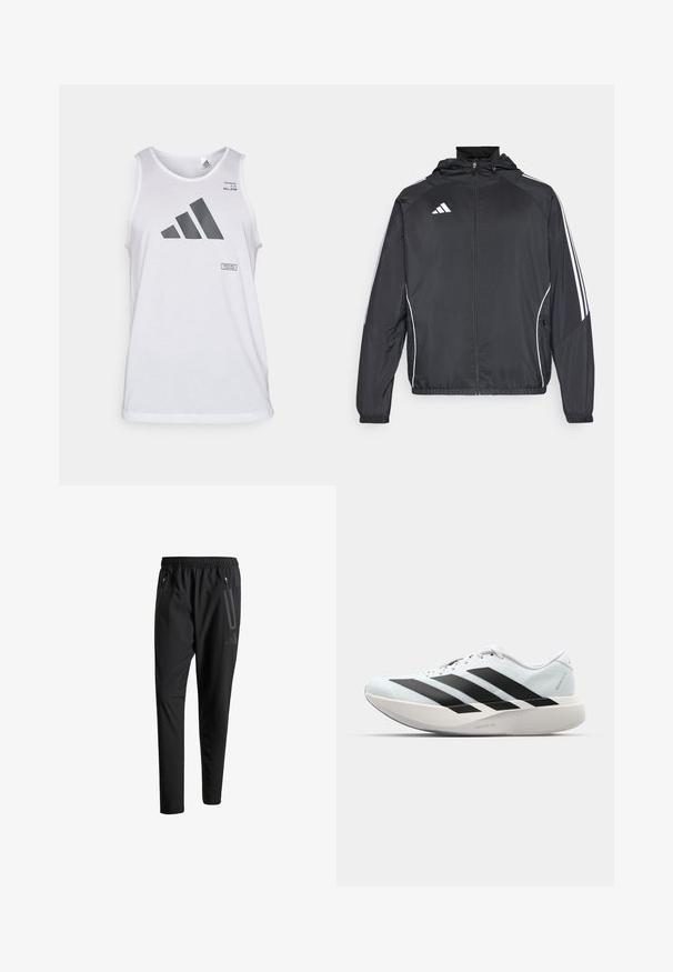 Čierna športová bunda s kapucňou, ktorá má biele pruhy pozdĺž rukávov a zips v prednej časti. Vyrobená z hladkej, ľahkej tkaniny.; adidas Performance ALL GYM CATEGORY GRAPHIC - Top - white; Čierne športové nohavice s elastickým pásom, dvoma bočnými zipsovými vreckami, zužujúcimi sa nohavicami a nenápadným detailom loga na bokoch.; Ľahké bežecké topánky v svetlomodrej farbe s čiernymi pruhmi. Majú hladký zvršok, okrúle špičky a hrubú bielu medzipodrážku označenú "LIGHTSTRIKE PRO."
