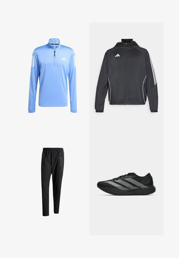 Chaqueta atlética negra con capucha, con rayas blancas a lo largo de las mangas y un cierre frontal con cremallera. Hecha de un tejido suave y ligero.; Camisa deportiva de manga larga azul claro con cremallera de cuarto, hecha de una tela suave. Presenta acentos de tres franjas blancas en ambas mangas.; Pantalones deportivos negros con una cintura elástica, dos bolsillos laterales con cremallera, piernas ajustadas y un discreto detalle de logo en la cadera.; Zapatillas deportivas negras con un diseño ligero, que presentan tres franjas grises prominentes, una textura suave y una suela contorneada.