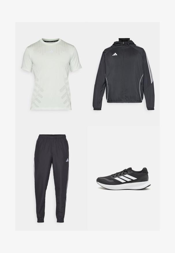 Czarna sportowa kurtka z kapturem, z białymi paskami wzdłuż rękawów i zasuwanym przodem. Wykonana z gładkiego, lekkiego materiału.; adidas Performance - Koszulka sportowa; Czarne spodnie sportowe z elastycznym paskiem w talii, z białymi paskami po bokach i małym logo na biodrze. Gładka faktura.; Czarne buty sportowe z oddychającą siateczką, białymi akcentami i wyściełaną podeszwą. Posiadają logo w postaci trzech pasków po boku.