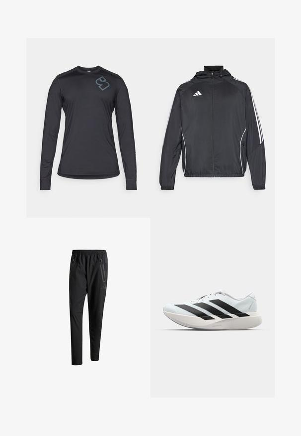 Μαύρο αθλητικό μπουφάν με κουκούλα, με λευκές ρίγες κατά μήκος των μανικιών και κλείσιμο με φερμουάρ μπροστά. Κατασκευασμένο από μαλακό, ελαφρύ ύφασμα.; Μαύρο πουκάμισο με μακριά μανίκια, φτιαγμένο από ελαφρύ υλικό; διαθέτει γκρι λογότυπο στο στήθος και λείο, εφαρμοστό σχέδιο.; Μαύρο αθλητικό παντελόνι με ελαστική μέση, δύο τσέπες με φερμουάρ στα πλάγια, στενές γραμμές στα πόδια και διακριτή λεπτομέρεια λογότυπου στο ισχίο.; Ελαφριά αθλητικά παπούτσια τρεξίματος σε ανοιχτό μπλε με μαύρες ρίγες. Διαθέτουν λείο άνω μέρος, στρογγυλή μύτη και παχύ λευκό ενδιάμεσο πέλμα που φέρει την ετικέτα "LIGHTSTRIKE PRO."