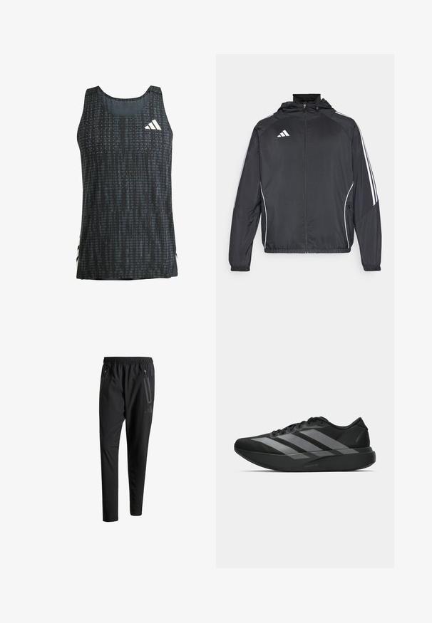 Schwarze Sportjacke mit Kapuze, ausgestattet mit weißen Streifen an den Ärmeln und einem Reißverschluss vorne. Hergestellt aus einem glatten, leichten Stoff.; Schwarzes sportliches Tanktop mit strukturiertem Muster, ärmellosem Design und weißen Logo-Details. Leichter Stoff mit lockerer Passform.; Schwarze Sporthose mit elastischem Bund, zwei Reißverschlusstaschen an den Seiten, schmal zulaufenden Beinen und einem dezenten Logo-Detail an der Hüfte.; Schwarze Sportschuhe mit einem leichten Design, ausgestattet mit drei auffälligen grauen Streifen, einer glatten Textur und einer konturierten Sohle.