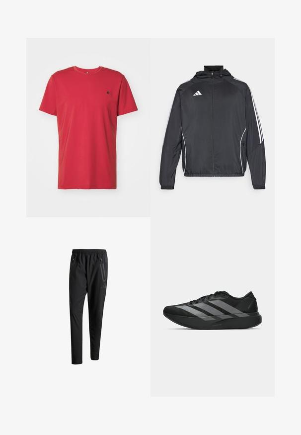 Must värvi sportlik jakk kapuutsiga, millel on valged triibud varrukatel ja lukuga esiosa. Valmistatud siledast, kergest kangast.; Björn Borg ACE - Trükipildiga T-särk - samba; Mustavad spordipüksid elastse vöökoha, kahe tõmblukuga küljetasku, kitsenevate säärete ning õrna logodetailiga puusadel.; Must have mustangid! Need light and trendy athletic shoes? These black sneakers have a streamlined design featuring three large hallal gray stripes. Their smooth texture and ergonomically contoured sole provide ultimate comfort.