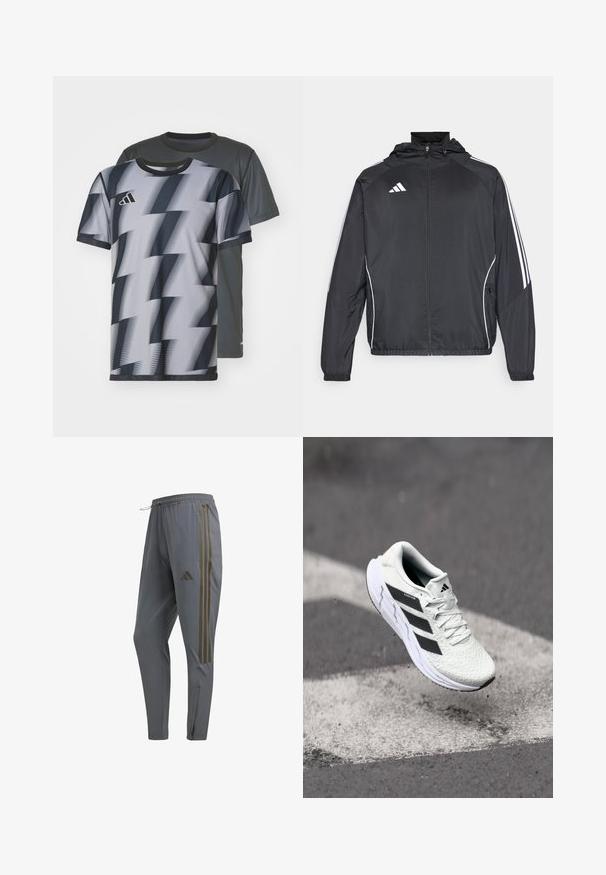 Crna atletska jakna s kapuljačom, s bijelim prugama duž rukava i zatvaranjem na zip. Izrađena od glatkog, laganog materijala.; Dva majice kratkih rukava: jedna siva s suptilnom teksturom, a druga s crno-bijelim cik-cak uzorkom, obje s okruglim izrezima.; Sive trenirke s elastičnim pojasom, s tri kontrastne tamne pruge sa strane i zatvaračem na gležnju.; Bjela atletska cipela s mrežastim gornjim dijelom s teksturom, crnim prugama, vezanjem na vezice i podstavljenim potplatom, lebdi iznad označene ceste.