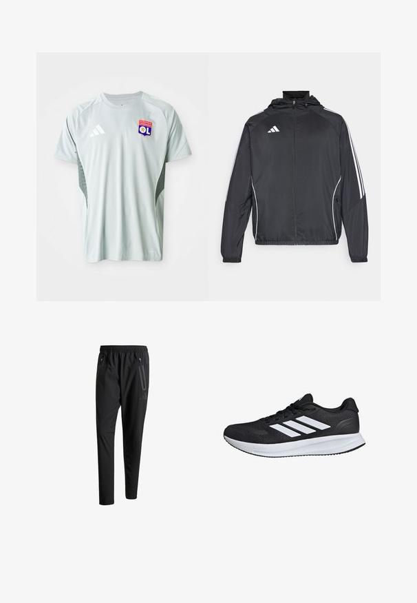 Musta urheilu takki hupulla, jossa on valkoiset raidat hihoissa ja vetoketjuzulu etupuolella. Valmistettu sileästä, kevyestä kankaasta.; Vaaleanharmaa lyhythihainen jalkapalloilupaita, jossa on pyöreä pääntie, Adidas-logo ja Olympique Lyonnais -merkki edessä, sekä teksturoidut sivut.; Mustat urheiluhousut, joissa on joustava vyötärö, kaksi vetoketjullista sivutaskua, kapenevat lahkeet ja hillitty logokuvaus lonkalla.; Musta urheilukenkä, jossa on valkoiset raidat, verkkomateriaali, pehmustettu pohja ja teksturoidut yksityiskohdat. Kenkässä on nauhakiinnitys ja brändin logo kielen päällä.