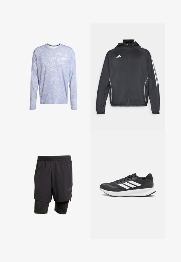 Schwarze Sportjacke mit Kapuze, ausgestattet mit weißen Streifen an den Ärmeln und einem Reißverschluss vorne. Hergestellt aus einem glatten, leichten Stoff.; Langärmliges Oberteil in Hellblau mit einem dezenten Tiermuster. Verfügt über einen Rundhalsausschnitt und einen Markenakzent auf der Brust. Texturierter Stoff.; Schwarze Sportshorts mit integrierter Innenschicht, aus atmungsaktivem Material hergestellt. Mit dezentem Logo und strukturierter Textur. Verstellbarer Bund.; Schwarzer Sportschuh mit atmungsaktivem Mesh-Obermaterial, weißen Akzenten und einer gepolsterten Sohle. Mit drei Streifen-Logo an der Seite.