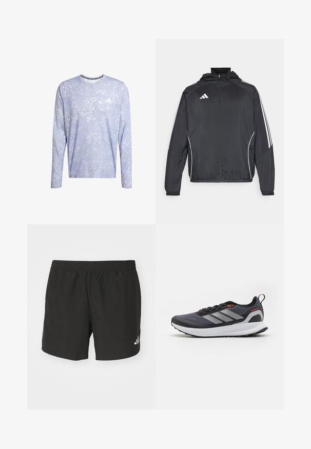 Black athletic jacket with a hood, featuring white stripes along the sleeves and a zippered front. Made from a smooth, lightweight fabric.; Long-sleeve top in light blue with a subtle animal print pattern. Features a crew neck and a branded accent on the chest. Textured fabric.; Black athletic shorts with an elastic waistband, side slits, and reflective logo accents. Made of lightweight, smooth fabric.; Running shoes in black with gray accents. Features a textured upper, sturdy sole, and reflective stripes. Lightweight design with a cushioned midsole.