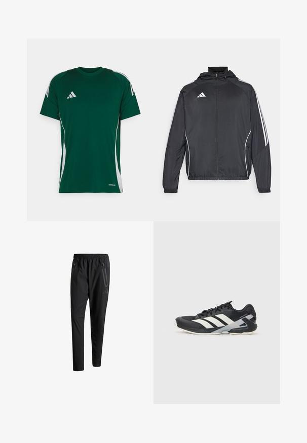 Fekete sportos dzseki kapucnival, fehér csíkokkal az ujjak mentén és cipzáras elülső résszel. Simább, könnyű anyagból készült.; Zöld sport póló rövid ujjakkal, fehér oldalsávokkal és hímzett logóval a bal mellrészen. Légáteresztő anyagból készült.; Fekete sportos nadrág elasztikus derékpánttal, két cipzáras oldalt zsebbel, tapered lábakkal és diszkrét logóval a csípőn.; Fekete sportcipő fehér csíkokkal, hálós felsőrész, kerek orr és párnázott talp. Texturált sarokkal és biztonságos fűzőrendszerrel rendelkezik.