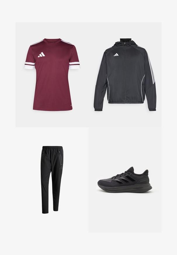 Czarna sportowa kurtka z kapturem, z białymi paskami wzdłuż rękawów i zasuwanym przodem. Wykonana z gładkiego, lekkiego materiału.; Bordowa koszulka sportowa z krótkim rękawem, z białymi paskami na wykończeniach, okrągłym dekoltem oraz trzema białymi paskami na ramieniu. Wykonana z gładkiego materiału.; Czarne spodnie sportowe z elastycznym paskiem w talii, dwiema zasuwanymi kieszeniami bocznymi, zwężanymi nogawkami i subtelnym logo na biodrze.; Czarne buty sportowe z teksturowanej tkaniny, gumową podeszwą i trzema błyszczącymi czarnymi paskami po boku. Okrągły czubek i wyściełane pięty.
