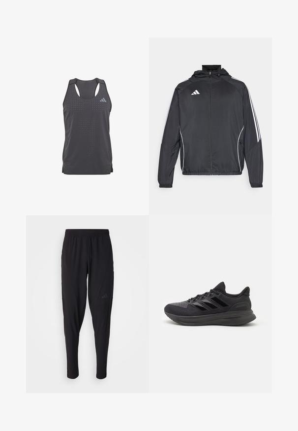 Černá sportovní bunda s kapucí, s bílými pruhy podél rukávů a s předním zipem. Vyrobena z hladkého, lehkého materiálu.; adidas Performance ADIZERO TANK - Top - black; Černé sportovní kalhoty s elastickým páskem, zúženým střihem, bočními kapsami a nenápadným logem. Vyrobeno z pružné, prodyšné látky.; Černá sportovní bota s texturovaným textilním svrškem, gumovou podrážkou a třemi lesklými černými pruhy po straně. Zaoblená špička a polstrovaný podpatek.