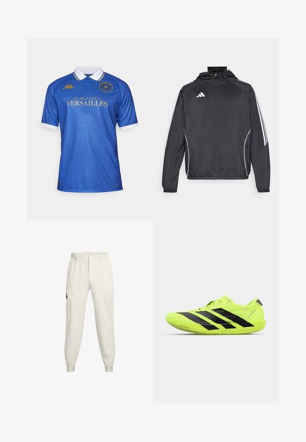 Czarna sportowa kurtka z kapturem, z białymi paskami wzdłuż rękawów i zasuwanym przodem. Wykonana z gładkiego, lekkiego materiału.; Niebieska koszulka piłkarska z kołnierzykiem, z teksturowanym wzorem, złotymi napisami "Football Club de VERSAILLES" oraz białymi akcentami na rękawach.; Jasno-beżowe spodnie dresowe z elastycznym pasem, bocznymi kieszeniami i ściągaczami; posiadają czarny akcent logo na lewej biodrze.; Jasnożółty but biegowy z czarnymi ukośnymi paskami, lekką konstrukcją, teksturowanym wierzchem i amortyzującą podeszwą z logo "Lightstrike Pro".