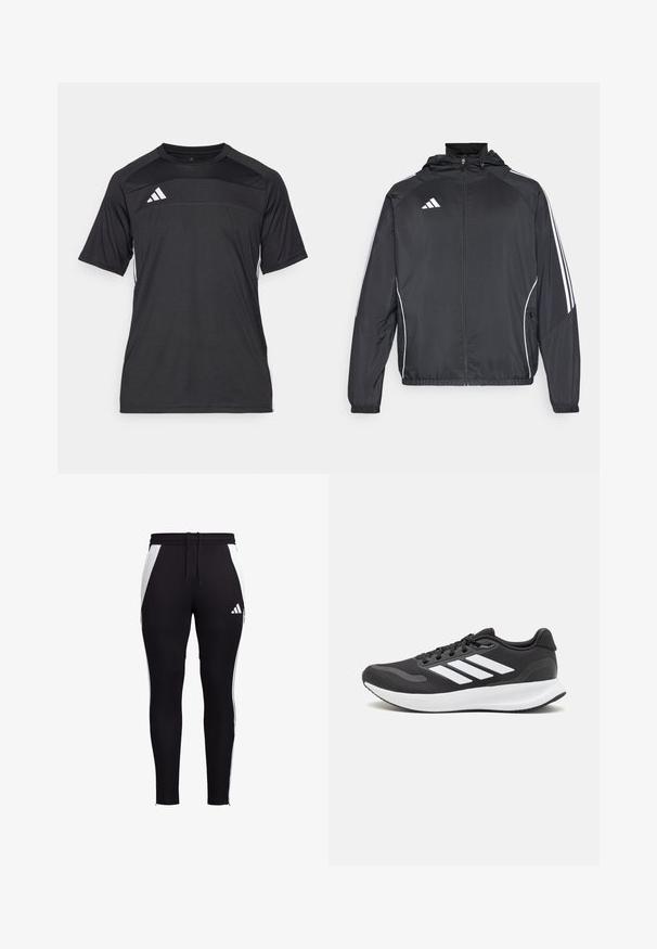 Svart idrottsjacka med huva, med vita ränder längs ärmarna och dragkedja framtill. Tillverkad av ett mjukt, lätt material.; Svart atletisk t-shirt med korta ärmar, med en texturerad panel vid bröstet och vita ränder längs sidorna. Adidas-logga på framsidan.; Svarta träningsbyxor med vita sidopaneler, slim fit, elastisk midja med dragsko och en liten vit logotyp på nedre vänstra benet.; Svart atletisk sko med andningsbar mesh-överdel, vita detaljer och en dämpad sula. Har tre ränder logo på sidan.