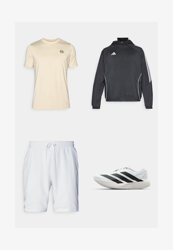 Crna atletska jakna s kapuljačom, s bijelim prugama duž rukava i zatvaranjem na zip. Izrađena od glatkog, laganog materijala.; Kratka kremasta majica s kratkim rukavima, izrađena od glatkog, laganog materijala. Ima mali crni logo na gornjem lijevom dijelu prsnog koša.; Bijele atletske kratke hlače s elastičnim pojasom i podesivom vezicom. Glatka tkanina s suptilnom teksturom, sa bočnim džepovima.; Lagane tenisice za trčanje u svijetloplavoj boji s crnim trakama. Imaju glatku gornju površinu, okrugli vrh i debeli bijeli srednji sloj označen "LIGHTSTRIKE PRO."