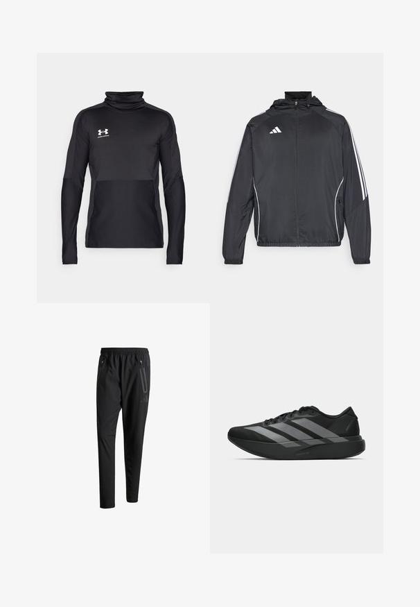 Crna atletska jakna s kapuljačom, s bijelim prugama duž rukava i zatvaranjem na zip. Izrađena od glatkog, laganog materijala.; Crni sportski sweatshirt dugih rukava s visokim ovratnikom, teksturiranom tkaninom i kontrastnim mat dijelovima. Ima Under Armour logo u bijeloj boji.; Crne atletske hlače s elastičnim pojasom, dva bočna džepa sa zatvaračem, suženi nogavici i diskretnim logotipom na kuku.; Crne atletske tenisice s laganim dizajnom, koje imaju tri istaknute sive pruge, glatku teksturu i oblikovanu pogodnu potplat.