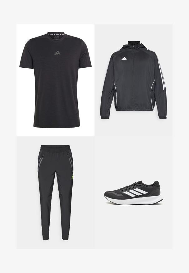 Chaqueta atlética negra con capucha, con rayas blancas a lo largo de las mangas y un cierre frontal con cremallera. Hecha de un tejido suave y ligero.; Camiseta de entrenamiento negra de manga corta, confeccionada con tejido ligero, con cuello redondo y un sutil logotipo en relieve en el pecho.; adidas Performance REAL MADRID TIRO25 PRO VIS TECH TRAVEL PANT - Equipación de clubes - black/lucid lemon; Zapatilla deportiva negra con parte superior de malla transpirable, acentos en blanco y una suela acolchada. Presenta el logo de tres rayas en el costado.