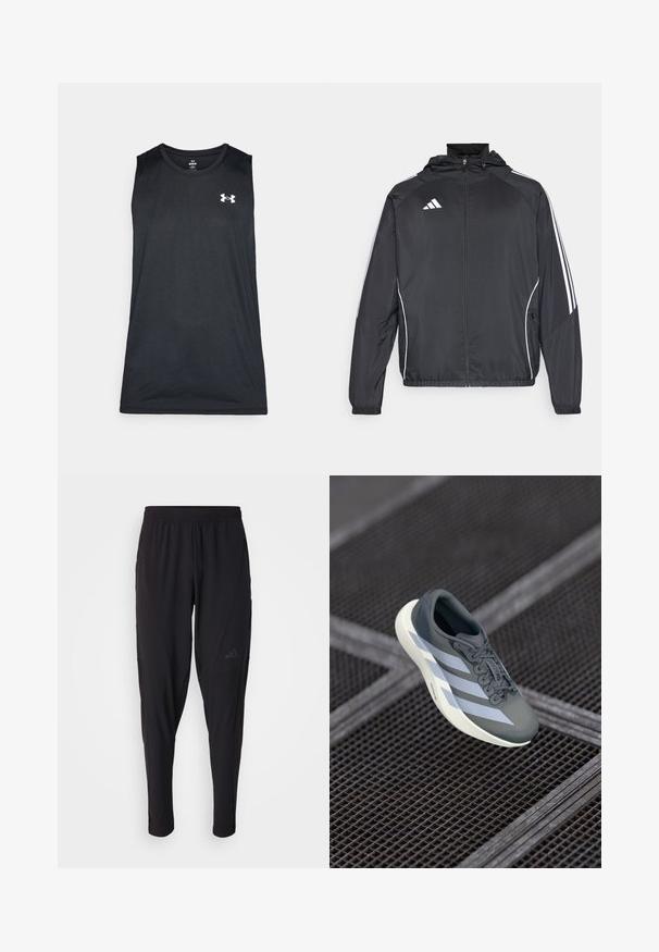 Čierna športová bunda s kapucňou, ktorá má biele pruhy pozdĺž rukávov a zips v prednej časti. Vyrobená z hladkej, ľahkej tkaniny.; Čierne bezrukávové športové tričko vyrobené z hladkého, priedušného materiálu. Má okrúhly výstrih a biele logo na hrudníku.; Čierne športové nohavice s elastickým pásom, zúženým strihom, bočnými vreckami a nenápadným logom. Vyrobené z flexibilnej, priedušnej tkaniny.; Športová obuv v šedej a bielej farbe, vyrobená z umelých materiálov, s aerodynamickým dizajnom, textúrovaným povrchom a výrazným šnurovacím systémom.