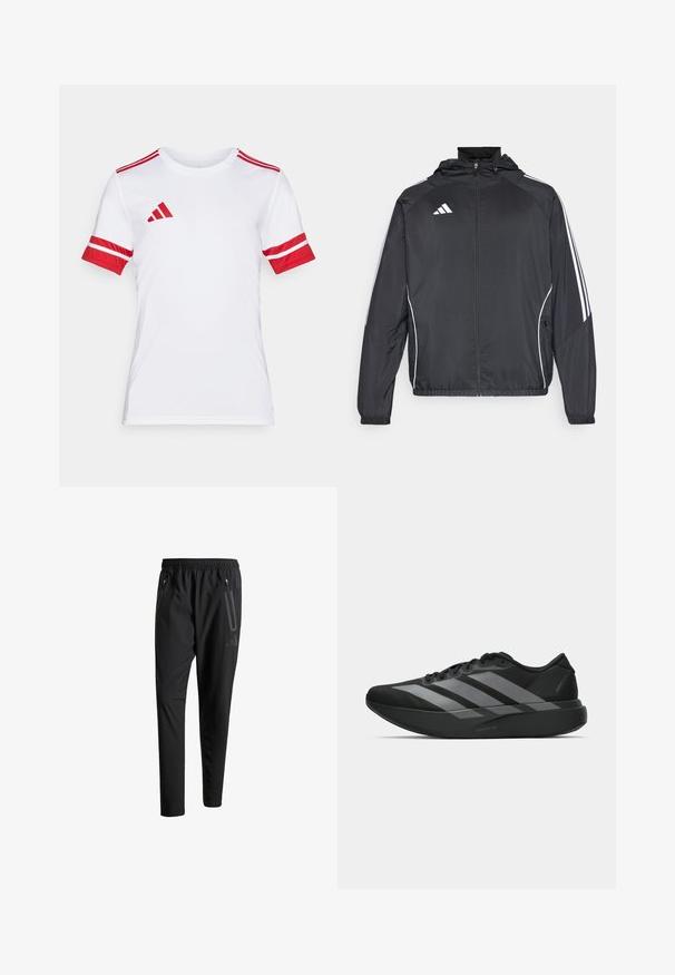 Melnā sporta jaka ar kapuci, ar baltām svītrām pa piedurknēm un ar rāvējslēdzēju priekšpusē. Izgatavota no gludas, vieglas auduma.; Balts sporta krekliņš ar īsām piedurknēm, ar sarkaniem akcentiem, tostarp svītrainām piedurknēm un plecu detaļām, izgatavots no gludas, izturīgas auduma.; Melni sporta bikses ar elastīgu vidukli, divām kabatām ar rāvējslēdzējiem sānos, sašaurinātām kājām un diskrētu logo detaļu uz gurniem.; Melni sporta apavi ar vieglu dizainu, ar trim izteiksmīgiem pelēkiem svītrām, gludu virsmu un kontūrveida zoli.