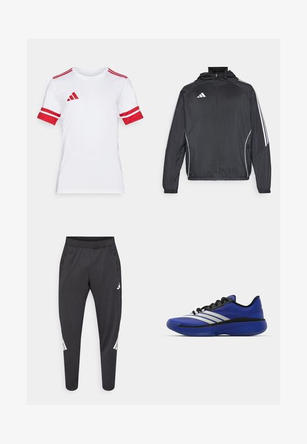 Melnā sporta jaka ar kapuci, ar baltām svītrām pa piedurknēm un ar rāvējslēdzēju priekšpusē. Izgatavota no gludas, vieglas auduma.; Balts sporta krekliņš ar īsām piedurknēm, ar sarkaniem akcentiem, tostarp svītrainām piedurknēm un plecu detaļām, izgatavots no gludas, izturīgas auduma.; Melnas sporta bikses ar šaurākiem galiem, elastīgu jostasvietu, sānu kabatām, kā arī baltu logo un svītru detaļām. Izgatavotas no gluda, viegla materiāla.; adidas Performance ADIZERO SELECT 3.0 - Basketbola apavi - lucid blue/core black/metallic