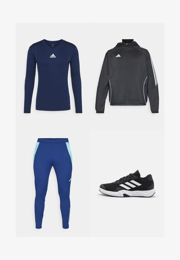 Veste de sport noire avec capuche, présentant des bandes blanches le long des manches et un devant zippé. Fabriquée en tissu léger et lisse.; T-shirt de sport à manches longues bleu marine en tissu texturé, avec un col en V et un logo Adidas blanc sur la poitrine. Design simple, coupe ajustée.; Leggings de sport bleu marine en matériau extensible, avec des panneaux latéraux bleu clair et un design ajusté avec un poignet étroit à la cheville.; Baskets de sport noires avec une tige en mesh texturé, des rayures blanches, une semelle rembourrée et un talon renforcé pour le soutien.