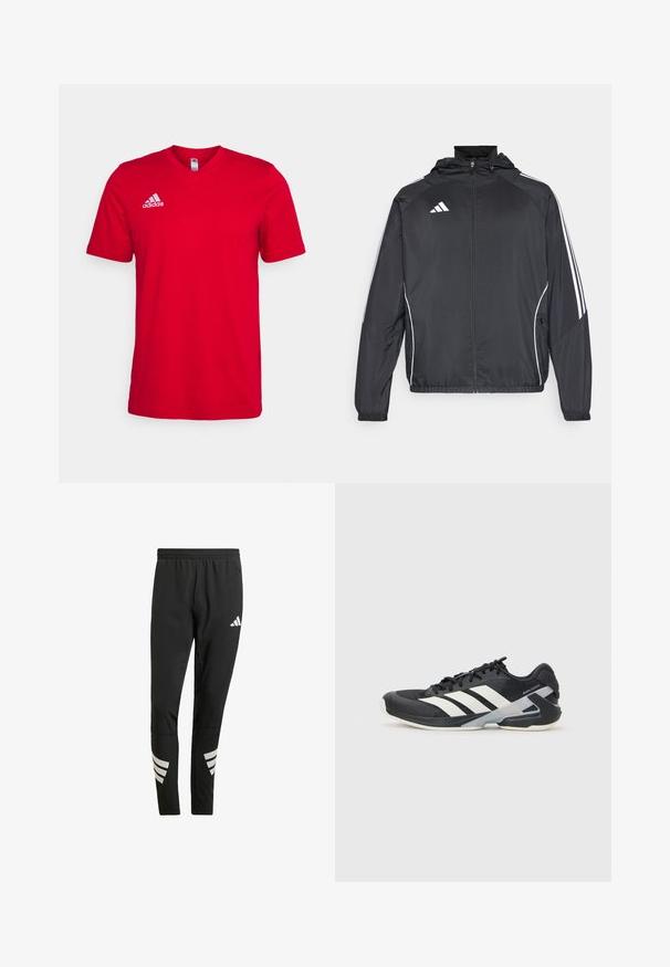 Must värvi sportlik jakk kapuutsiga, millel on valged triibud varrukatel ja lukuga esiosa. Valmistatud siledast, kergest kangast.; Punane puuvillane T-särk lühikeste varrukatega, V-kaelusega disain ja valge Adidas logo vasakul rinnal. Sile tekstuur, ilma nähtavate mustriteta.; Mustad mustreeritud mustad sportpantsid elastse vöökohtaga, mille alumistel jalgadel on peegeldavad valged aksendid triibumustrites. Valmistatud siledast kangast.; Mustad sportlik jalanõud mustade värvidega, valgete triipudega, võrgusilma pealmine osa, ümar varvas ja pehme tallaga. Omab tekstureeritud kontsa ja kindlat paeltesüsteemi.
