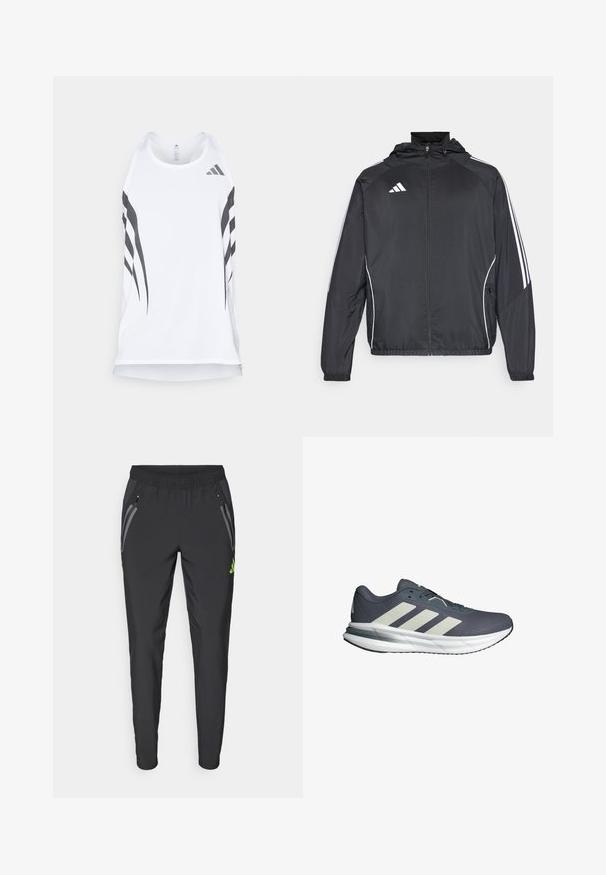Black athletic jacket with a hood, featuring white stripes along the sleeves and a zippered front. Made from a smooth, lightweight fabric.; White athletic tank top with mesh texture, featuring black diagonal stripes and an Adidas logo near the neckline. Racerback design.; adidas Performance REAL MADRID TIRO25 PRO VIS TECH TRAVEL PANT - Club wear - black/lucid lemon; Athletic shoes with a breathable navy mesh upper, three white diagonal stripes, a cushioned white sole, and a textured gray outsole.