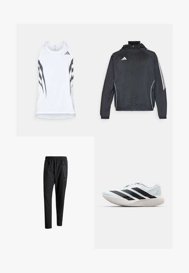 Zwarte sportjack met capuchon, voorzien van witte strepen langs de mouwen en een ritssluiting aan de voorkant. Gemaakt van een gladde, luchtige stof.; Witte sportieve tanktop met meshstructuur, voorzien van zwarte diagonale strepen en een Adidas-logo bij de halslijn. Racerback ontwerp.; Zwarte sportbroeken met een elastische tailleband, twee ritszakken aan de zijkant, taps toelopende pijpen en een subtiele logo-detail op de heup.; Lichte hardloopschoenen in lichtblauw met zwarte strepen. Beschikt over een soepele bovenkant, ronde neusstuk en dikke witte tussenzool met het label "LIGHTSTRIKE PRO."
