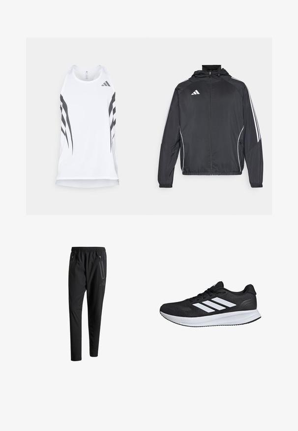 Giacca atletica nera con cappuccio, caratterizzata da strisce bianche lungo le maniche e chiusura con zip frontale. Realizzata in un tessuto liscio e leggero.; Canotta atletica bianca con texture a rete, caratterizzata da strisce diagonali nere e un logo Adidas vicino all'apertura del collo. Design a spartitraffico.; Pantaloni sportivi neri con vita elastica, due tasche laterali con cerniera, gambe affusolate e un sottile dettaglio del logo sull'anca.; Scarpa sportiva nera con strisce bianche, tomaia in rete, suola ammortizzata e dettagli testurizzati. Caratterizzata da un design con lacci e logo del marchio sulla linguetta.
