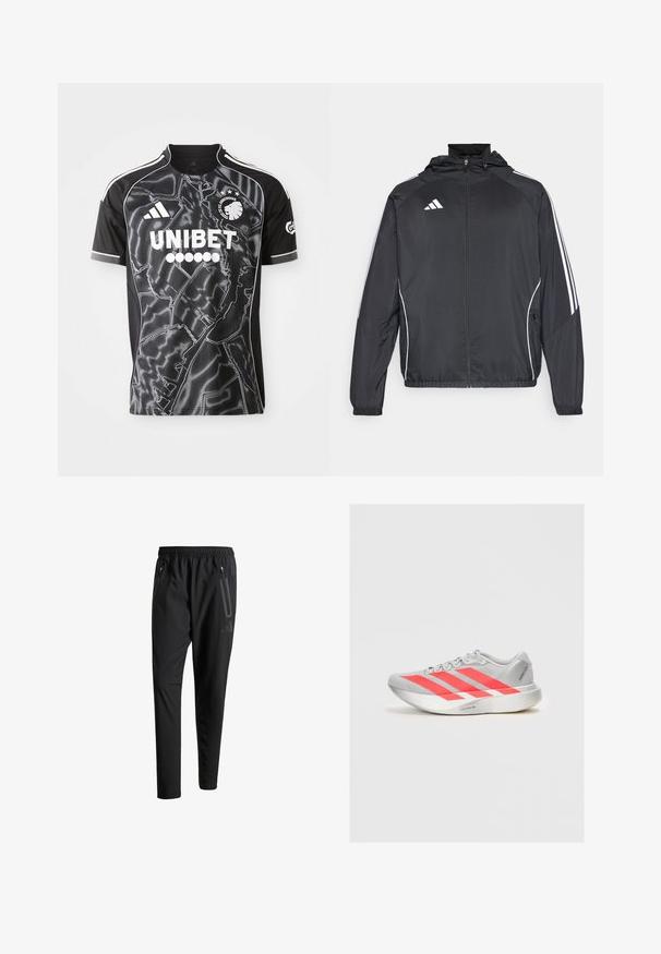 Črna športna jakna s kapuco, z belimi črtami ob rokavih in z zadrgo spredaj. Narejena iz gladkega, lahkega materiala.; Črn nogometni dres iz poliestra z grafičnim vzorcem, ki ima bele detajle, krožni ovratnik in logotipe sponzorjev.; Črne športne hlače z elastičnim pasom, dvema žepoma na zadrgo ob strani, zoženimi hlačnicami in diskretnim logotipom na boku.; Lahka tekaška obutev v sivi barvi z rdečimi poudarki in zasnovo s tremi črtami. Ima gladek zgornji del, zaobljen toe in teksturiran podplat.