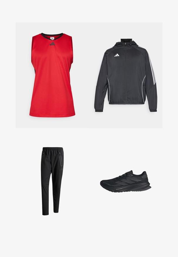 Černá sportovní bunda s kapucí, s bílými pruhy podél rukávů a s předním zipem. Vyrobena z hladkého, lehkého materiálu.; Červený sportovní top bez rukávů s černými akcenty. Vyroben z hladkého materiálu, s véčkovým výstřihem a logem Adidas v tmavě šedé barvě na hrudi.; Černé sportovní kalhoty s elastickým pasem, dvěma zipovými bočními kapsami, zúženými nohavicemi a decentním logem na boku.; Černá běžecká obuv Adidas s vrchní částí z Gore-Texu, třemi pruhy na boku a nápisem "Dreamstrike" na podrážce, pohled z vnější strany.