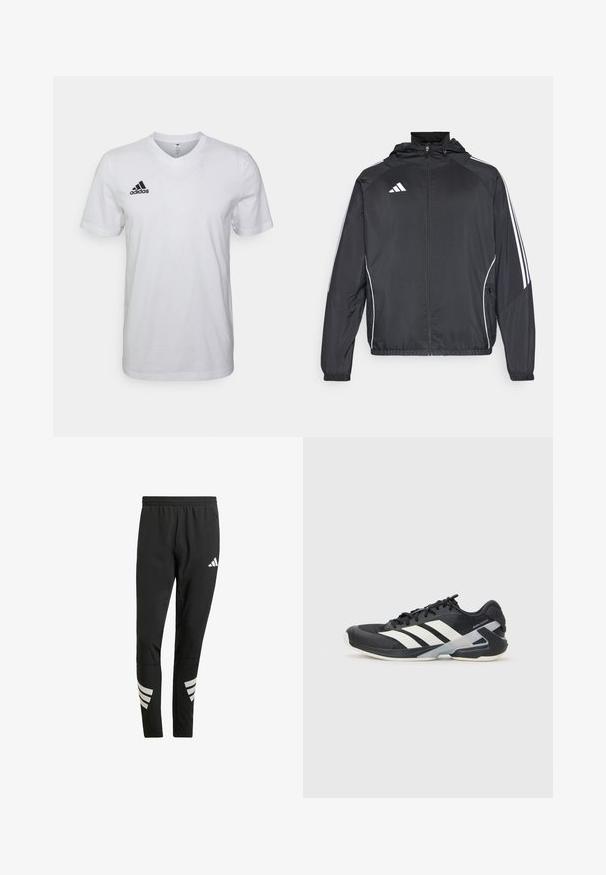 Črna športna jakna s kapuco, z belimi črtami ob rokavih in z zadrgo spredaj. Narejena iz gladkega, lahkega materiala.; Bela bombažna majica z V-izrezom, kratkimi rokavi in črnim Adidasovim logotipom na levem prsnem delu. Preprost in lahek dizajn.; Črne športne hlače z elastiko v pasu, ki imajo odsevne bele poudarke v črtastem vzorcu na spodnjem delu nog. Narejene so iz gladkega materiala.; Črne atletske čevlje z belimi črtami, mrežastim zgornjim delom, zaobljenim nosom in blaženim podplatom. Imajo teksturiran petni del in varen sistem vezalk.