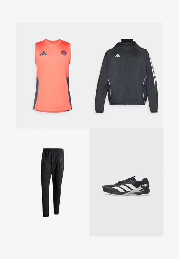 Czarna sportowa kurtka z kapturem, z białymi paskami wzdłuż rękawów i zasuwanym przodem. Wykonana z gładkiego, lekkiego materiału.; Czerwony bezrękawnik sportowy z ciemnoszarymi bokami. Zawiera logo Adidas i emblemat FC Bayern Monachium. Wykonany z lekkiego materiału.; Czarne spodnie sportowe z elastycznym paskiem w talii, dwiema zasuwanymi kieszeniami bocznymi, zwężanymi nogawkami i subtelnym logo na biodrze.; Czarne buty sportowe z białymi paskami, siateczkowa cholewka, zaokrąglony czubek i amortyzowana podeszwa. Posiadają teksturowany obcas i pewny system sznurowania.