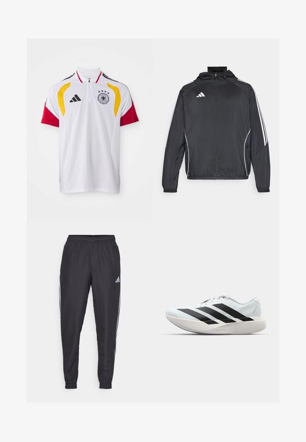 Zwarte sportjack met capuchon, voorzien van witte strepen langs de mouwen en een ritssluiting aan de voorkant. Gemaakt van een gladde, luchtige stof.; Wit polo shirt met zwarte strepen op de schouders en rode mouwen. Bevat gele accenten, een kwart rits en het logo van het Duitse nationale team.; Zwarte sportieve broek met een elastische tailleband, voorzien van witte strepen aan de zijkanten en een klein logo op de heup. Gladde textuur.; Lichte hardloopschoenen in lichtblauw met zwarte strepen. Beschikt over een soepele bovenkant, ronde neusstuk en dikke witte tussenzool met het label "LIGHTSTRIKE PRO."