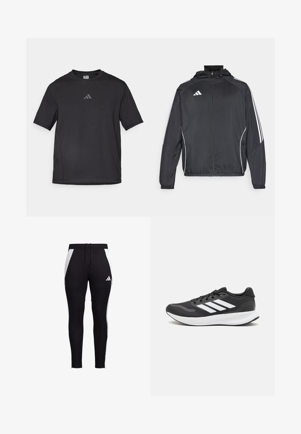 Czarna sportowa kurtka z kapturem, z białymi paskami wzdłuż rękawów i zasuwanym przodem. Wykonana z gładkiego, lekkiego materiału.; Czarna sportowa koszulka wykonana z oddychającego materiału, z krótkimi rękawami, okrągłym dekoltem i odblaskowym logo na piersi.; Czarne sportowe spodnie z białymi panelami bocznymi, dopasowane, z elastycznym pasem na sznurku oraz małym białym logo na dolnej lewej nodze.; Czarne buty sportowe z oddychającą siateczką, białymi akcentami i wyściełaną podeszwą. Posiadają logo w postaci trzech pasków po boku.