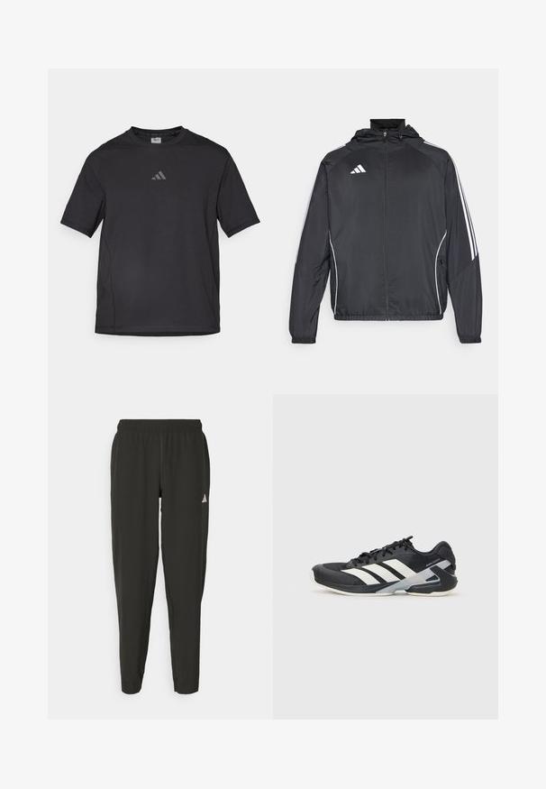 Schwarze Sportjacke mit Kapuze, ausgestattet mit weißen Streifen an den Ärmeln und einem Reißverschluss vorne. Hergestellt aus einem glatten, leichten Stoff.; Schwarzes Sport-T-Shirt aus atmungsaktivem Material, mit kurzen Ärmeln, rundem Ausschnitt und einem reflexiven Logo auf der Brust.; Schwarze Sporthosen mit elastischem Bund, slim fit und weißem Logo auf dem linken Bein. Glattes, leichtes Material.; Schwarzer Sportschuh mit weißen Streifen, Obermaterial aus Mesh, runde Zehenform und gepolstertem Sohlenteil. Verfügt über eine strukturierte Ferse und ein sicheres Schnürsystem.