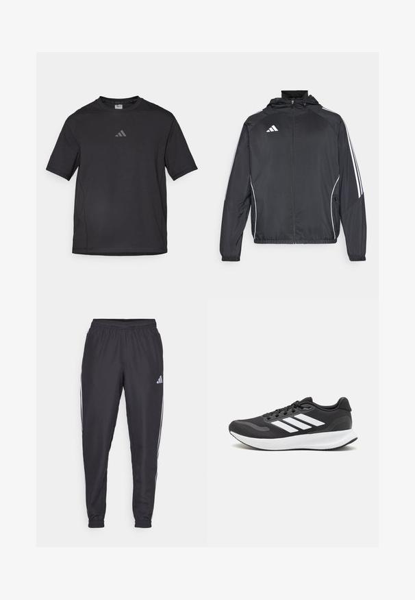 Černá sportovní bunda s kapucí, s bílými pruhy podél rukávů a s předním zipem. Vyrobena z hladkého, lehkého materiálu.; Černé sportovní tričko vyrobené z prodyšného materiálu, s krátkými rukávem, kulatým výstřihem a reflexním logem na hrudi.; Černé sportovní kalhoty s elastickým pasem, se zlomenými bílými pruhy po stranách a malým logem na bocích. Hladká textura.; Černá sportovní obuv s prodyšným síťovaným svrškem, bílými akcenty a polstrovanou podrážkou. Na boku se nachází logo se třemi pruhy.