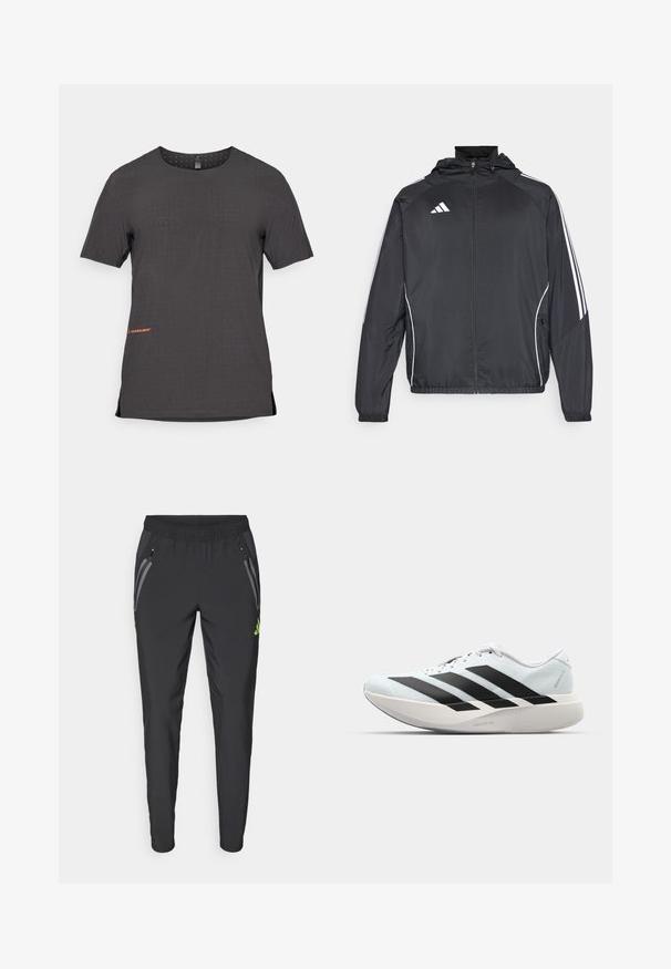 Sort atletisk jakke med hætte, med hvide striber langs ærmerne og lynlås foran. Lavet af et glat, let materiale.; Korte ærmer, sort atletisk T-shirt med perforeret mønster, sidedelinger og orange logo-detalje ved kanten. Glat, letvægtsstof.; adidas Performance REAL MADRID TIRO25 PRO VIS TECH TRAVEL PANT - Klub merchandise - black/lucid lemon; Letvægtige løbesko i lys blå med sorte striber. Har en glat overdel, rund tå og tyk hvid mellemsål mærket "LIGHTSTRIKE PRO."